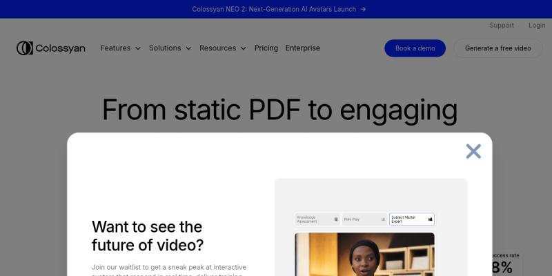 Colossyan - AI video tool interface screenshot showing key features