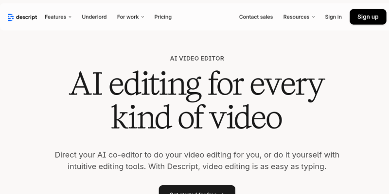 Descript - AI video tool interface screenshot showing key features