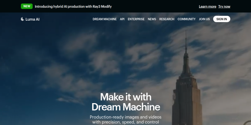 Luma Dream Machine - AI video tool interface screenshot showing key features